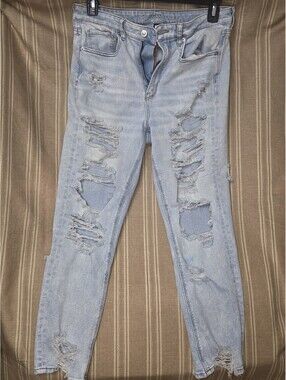 American Eagle Outfitters Super Hi-Rise Jegging Womens 12 Distressed Light Blue